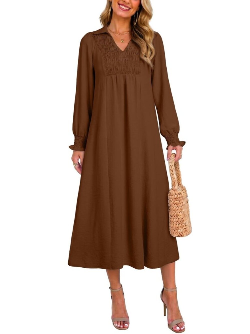 Womens Dresses 2026 V Neck Puff Long Sleeve Empire Waist Maxi Dress